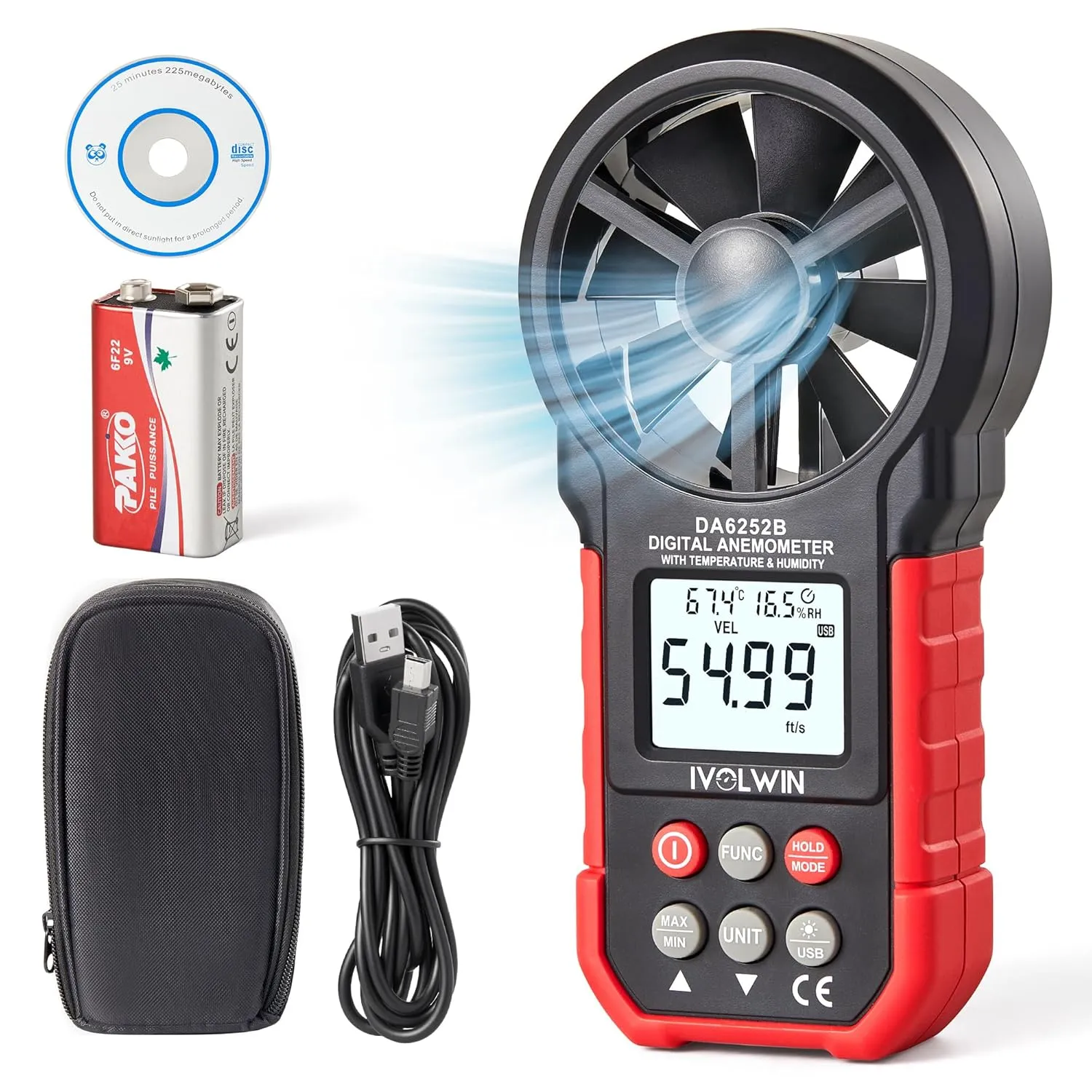 Handheld Digital Anemometer, Wind Speed CFM Meter Temperature Gauge with Digital LCD Display, Air Flow Velocity Tester for HVAC Shooting Drone Fishing Surfing, USB Data Upload, Real-Time Sampling