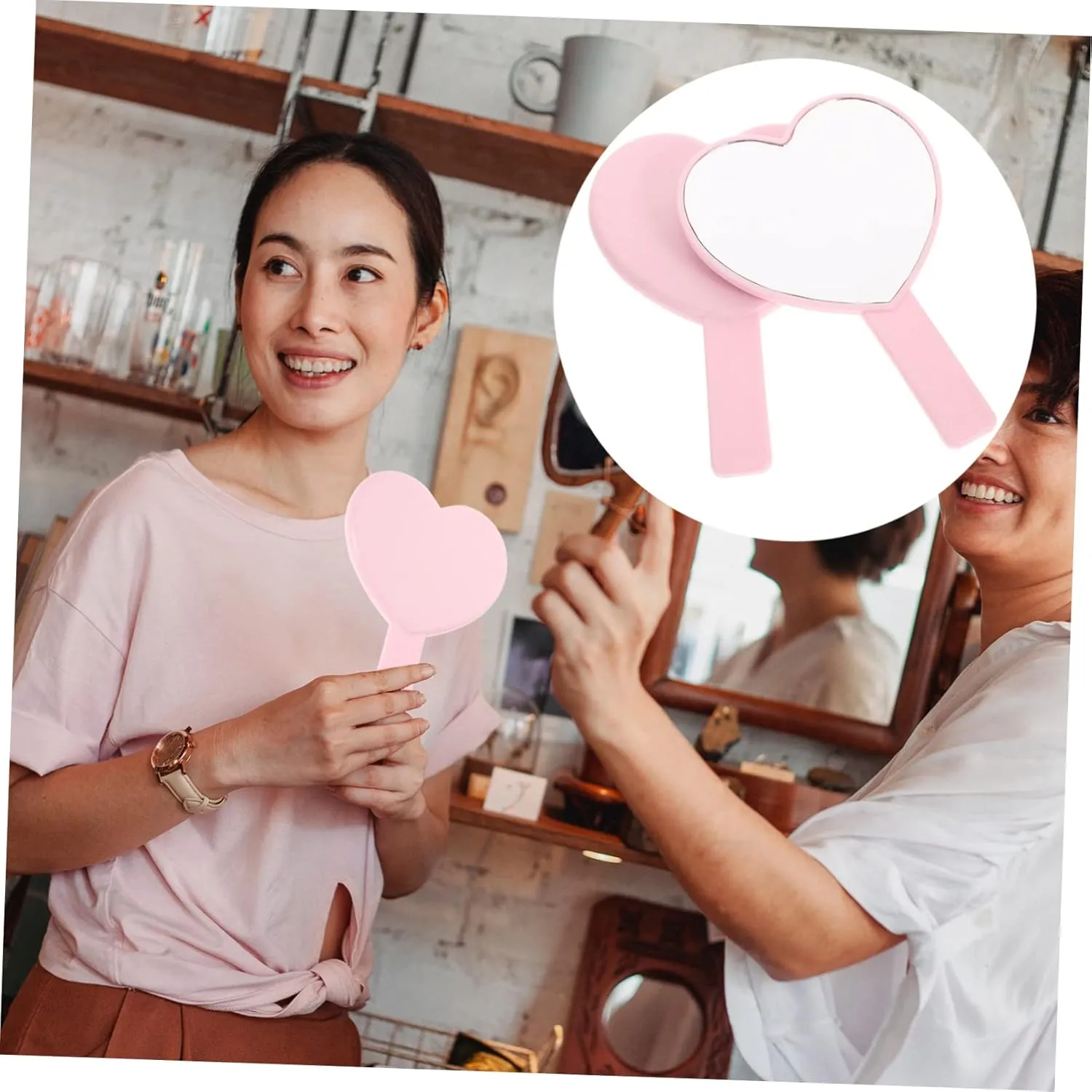 Handheld Makeup Mirror Heart Design Portable Mirror Small Handle Mirror for Women Lady Girls