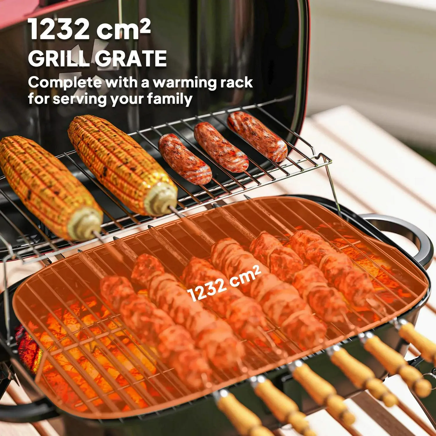 Handles Folding Area, Red Cm² Thermometer, Charcoal Barbecue Vent, For Advanced With Cooking 1232 Adjustable Outsunny Picnic, BBQ Camping Exclusive selection Grill