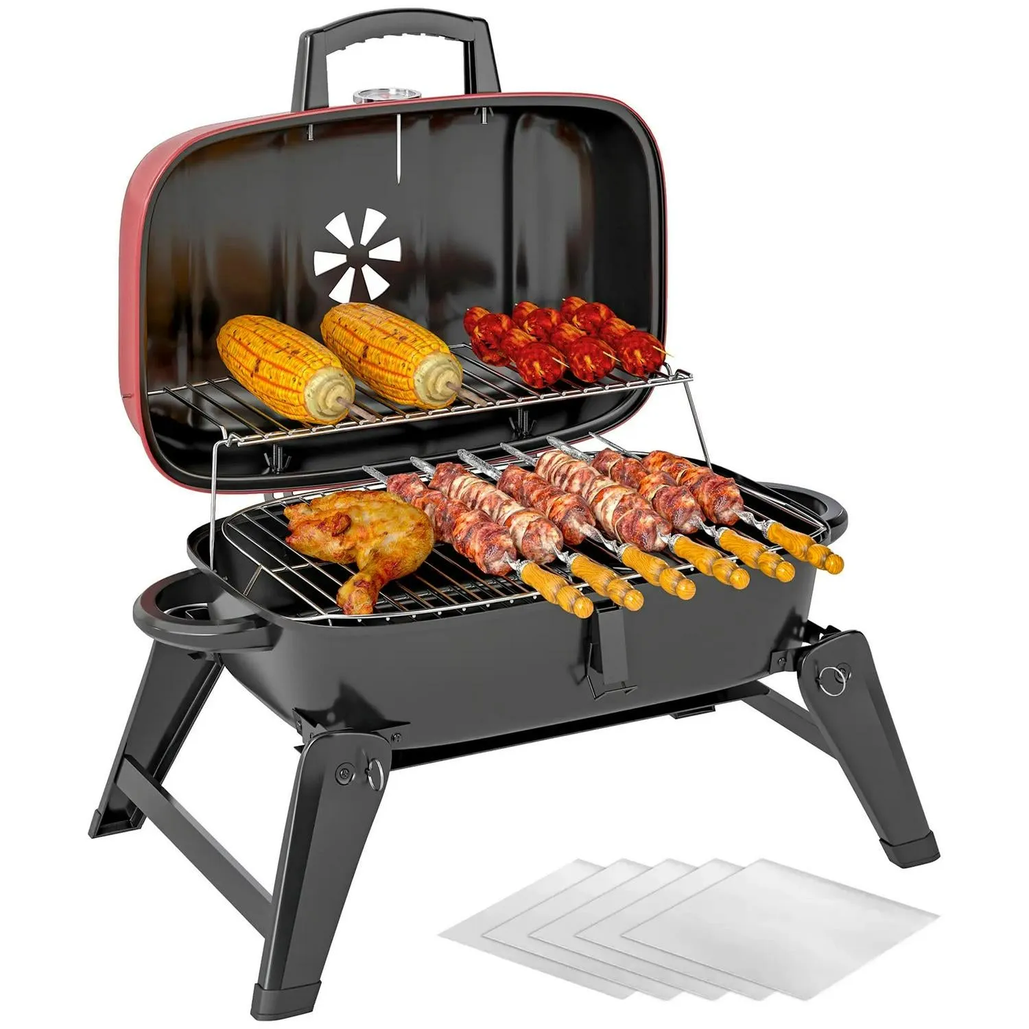 Handles Folding Area, Red Cm² Thermometer, Charcoal Barbecue Vent, For Advanced With Cooking 1232 Adjustable Outsunny Picnic, BBQ Camping Exclusive selection Grill