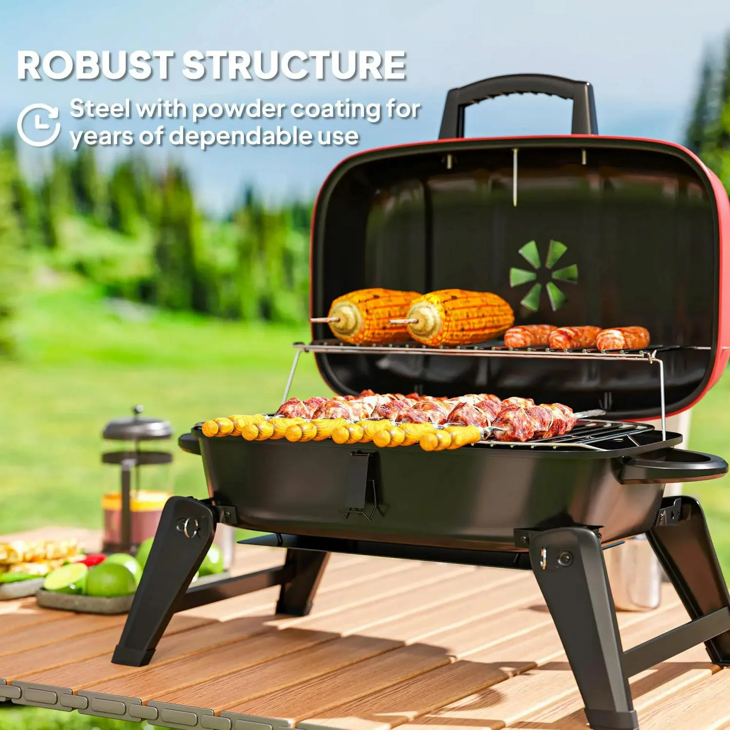 Handles Folding Area, Red Cm² Thermometer, Charcoal Barbecue Vent, For Advanced With Cooking 1232 Adjustable Outsunny Picnic, BBQ Camping Exclusive selection Grill