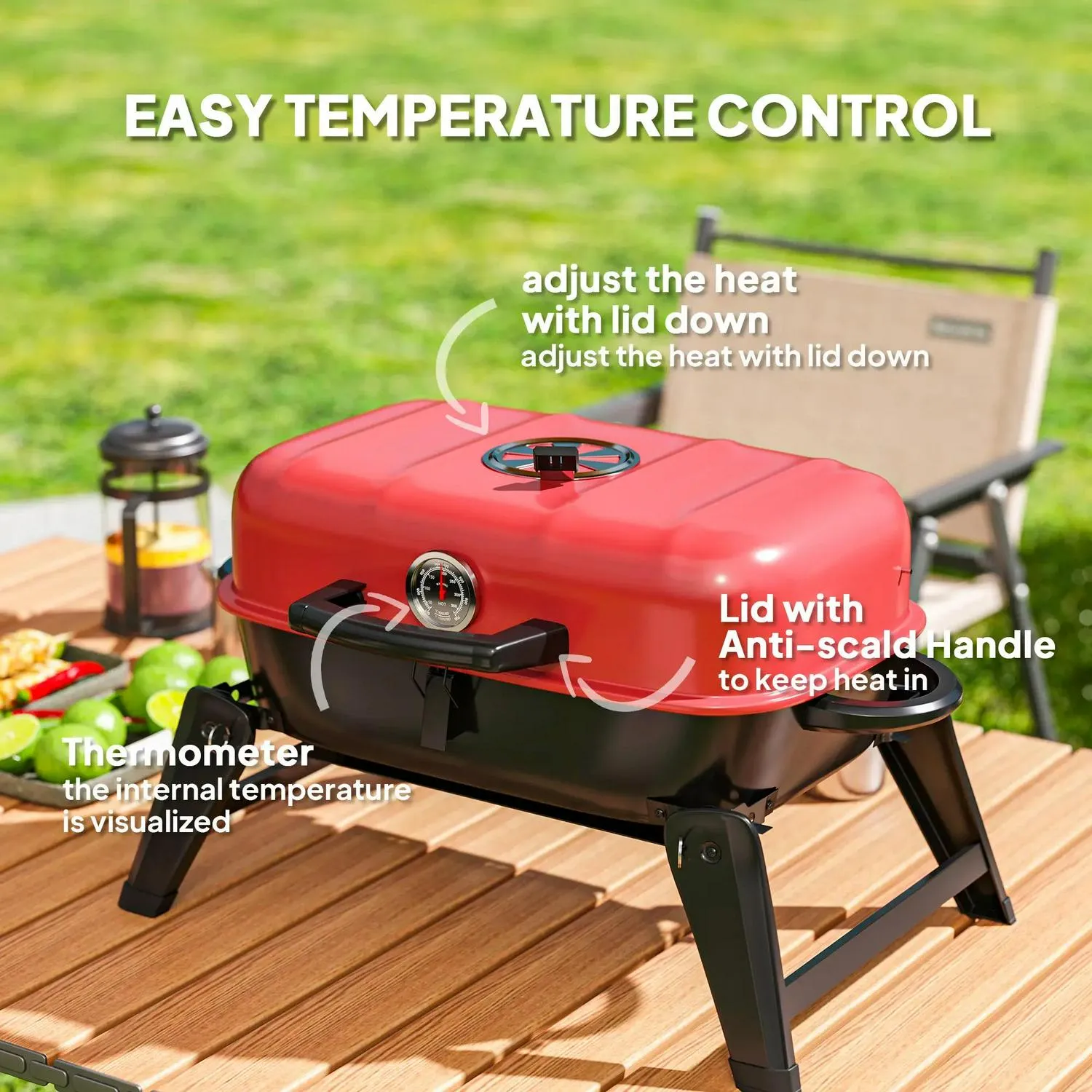 Handles Folding Area, Red Cm² Thermometer, Charcoal Barbecue Vent, For Advanced With Cooking 1232 Adjustable Outsunny Picnic, BBQ Camping Exclusive selection Grill