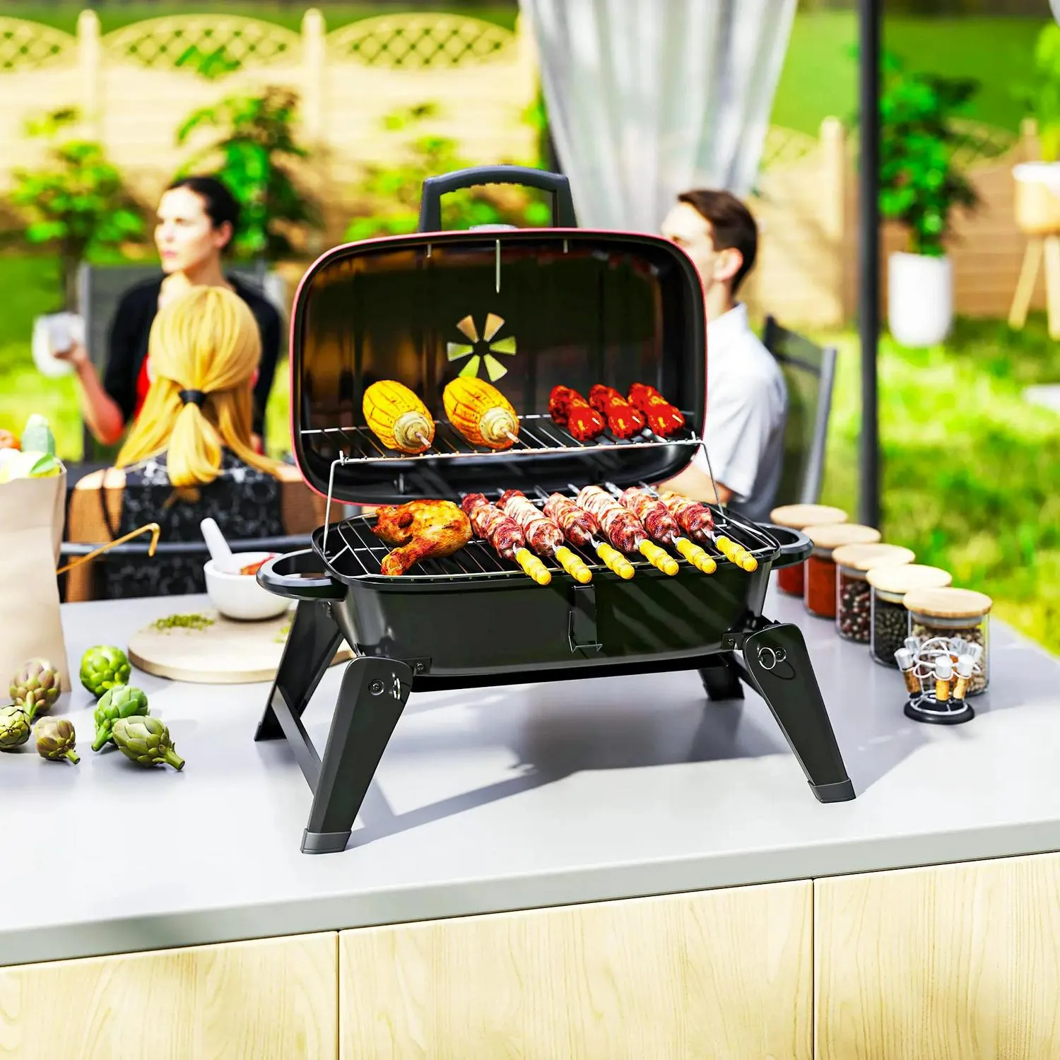 Handles Folding Area, Red Cm² Thermometer, Charcoal Barbecue Vent, For Advanced With Cooking 1232 Adjustable Outsunny Picnic, BBQ Camping Exclusive selection Grill