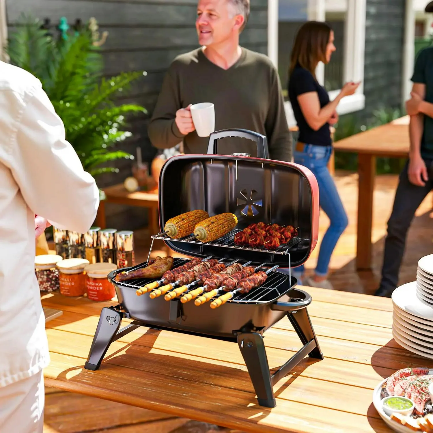 Handles Folding Area, Red Cm² Thermometer, Charcoal Barbecue Vent, For Advanced With Cooking 1232 Adjustable Outsunny Picnic, BBQ Camping Exclusive selection Grill
