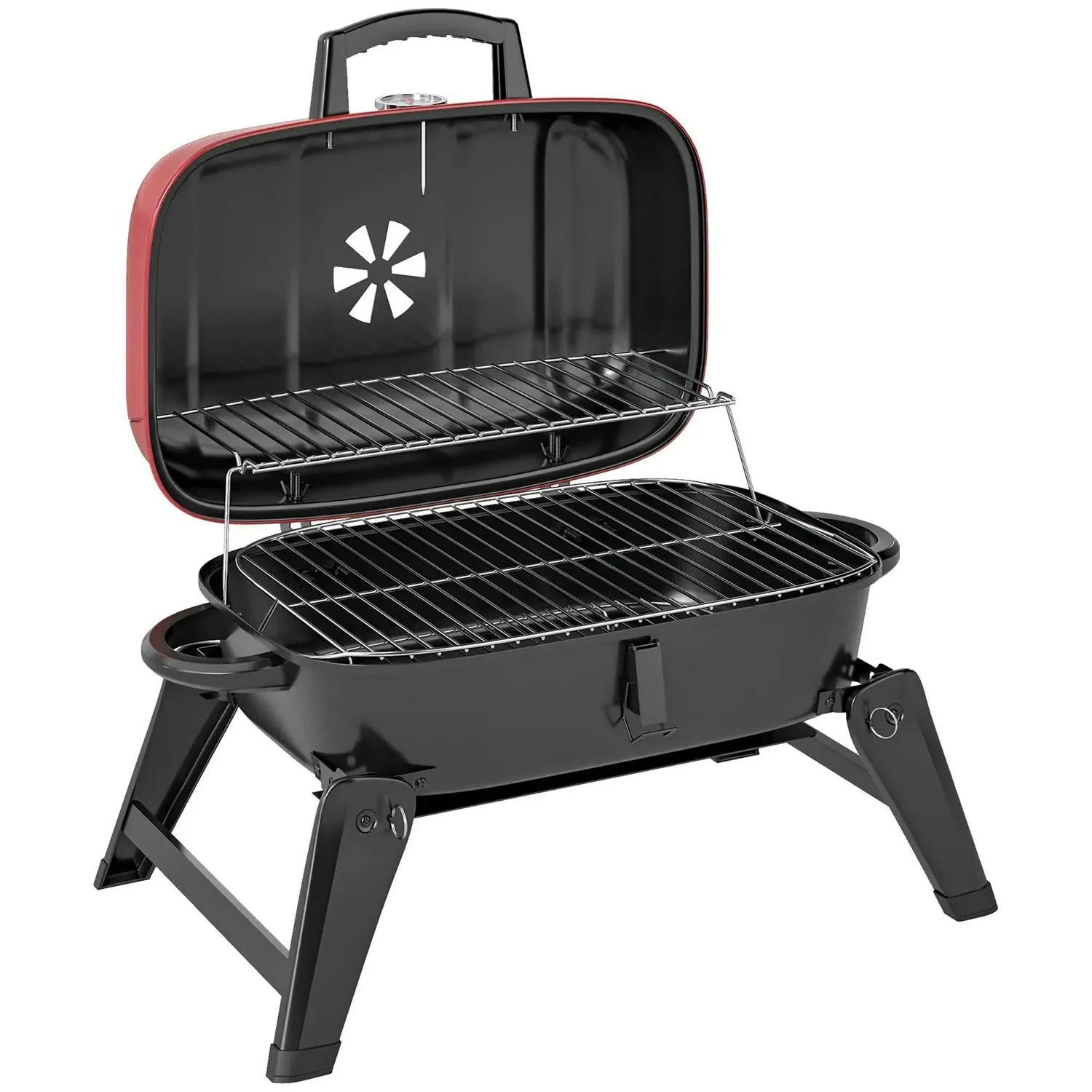 Handles Folding Area, Red Cm² Thermometer, Charcoal Barbecue Vent, For Advanced With Cooking 1232 Adjustable Outsunny Picnic, BBQ Camping Exclusive selection Grill