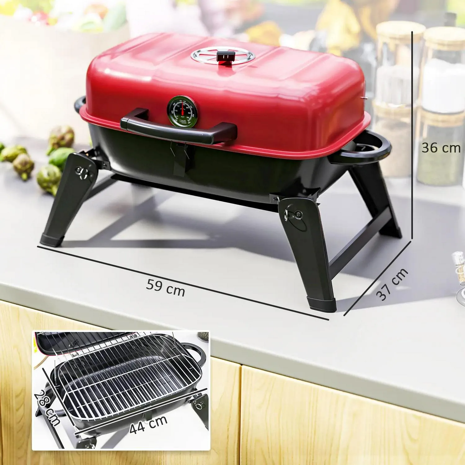Handles Folding Area, Red Cm² Thermometer, Charcoal Barbecue Vent, For Advanced With Cooking 1232 Adjustable Outsunny Picnic, BBQ Camping Exclusive selection Grill