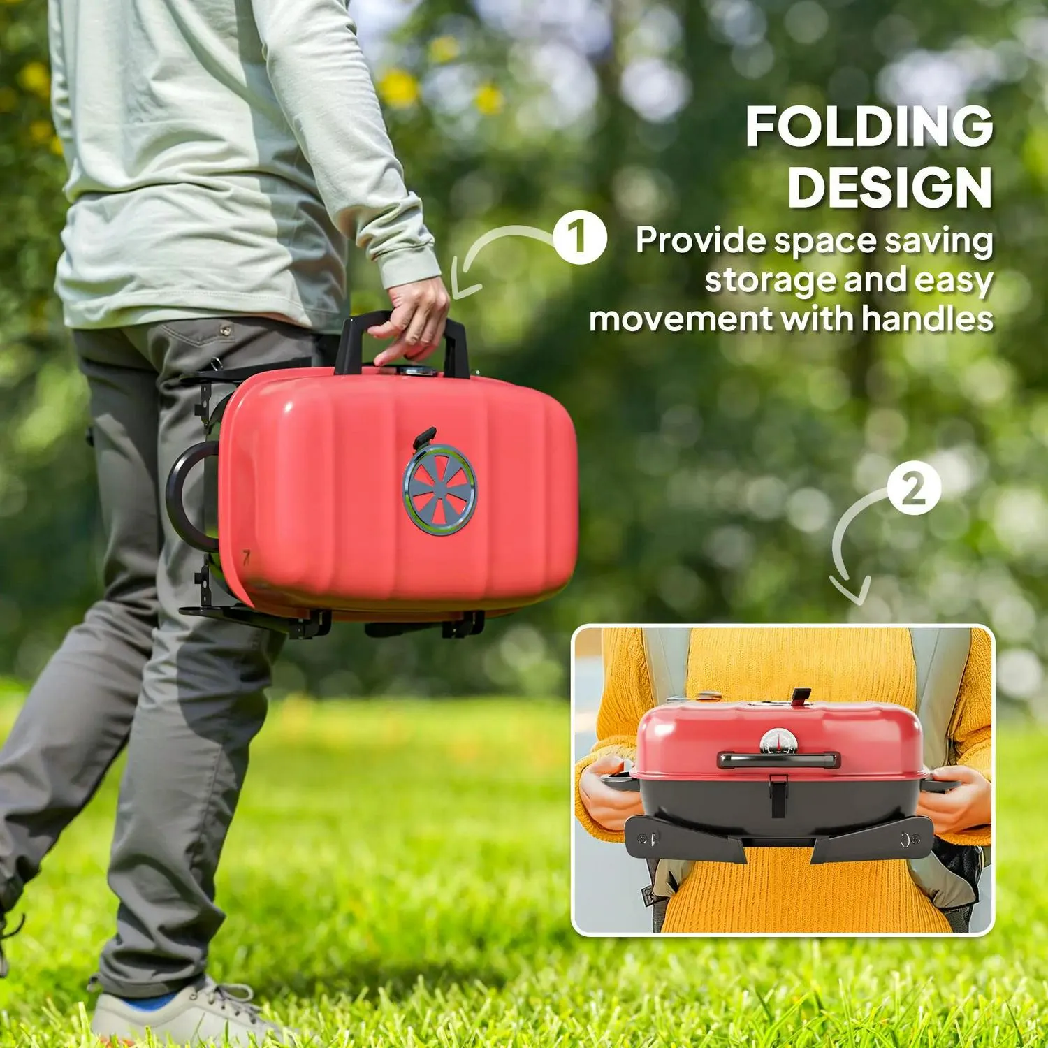 Handles Folding Area, Red Cm² Thermometer, Charcoal Barbecue Vent, For Advanced With Cooking 1232 Adjustable Outsunny Picnic, BBQ Camping Exclusive selection Grill