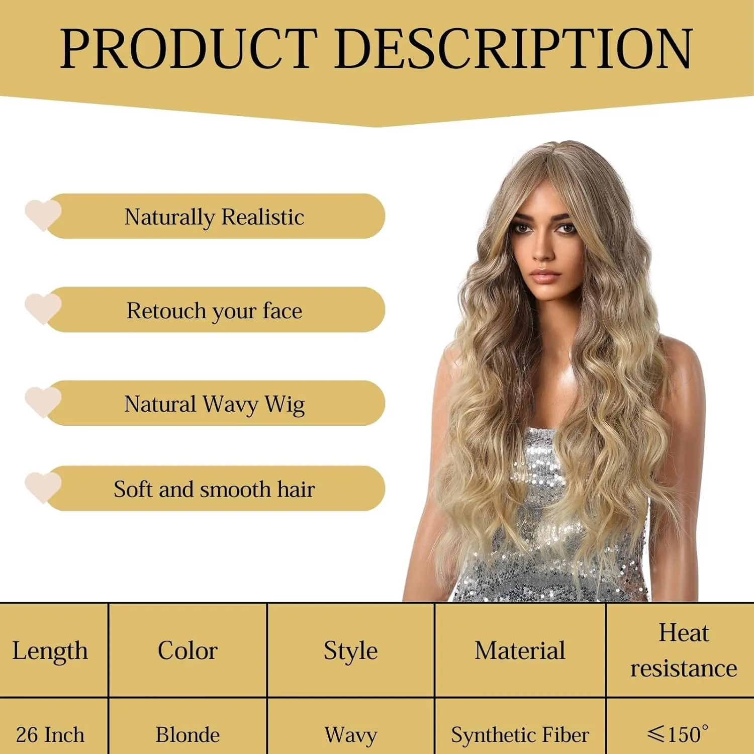 Haoland Ombre Blonde Curly Wig for Women, 26 Inch Long, Synthetic Wavy Wig with Bangs