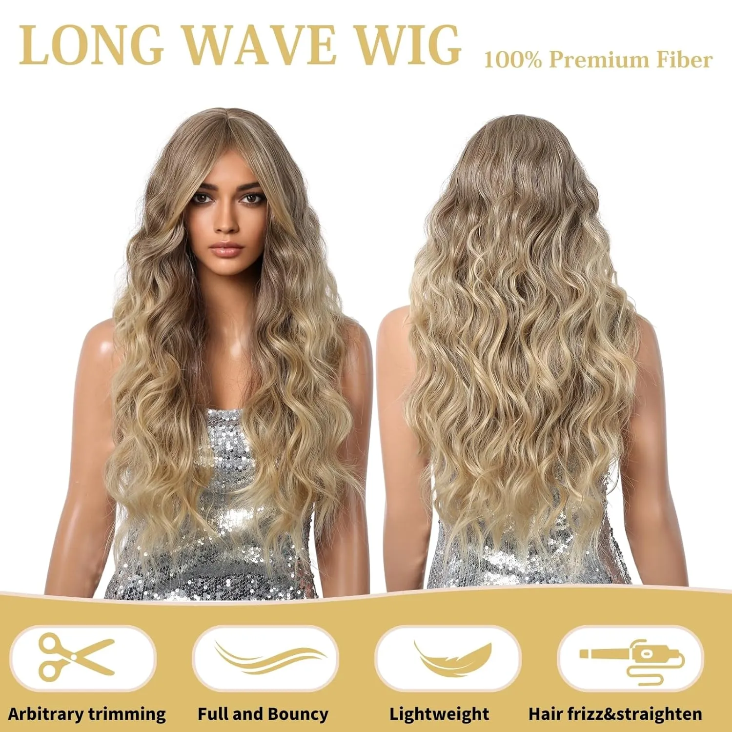 Haoland Ombre Blonde Curly Wig for Women, 26 Inch Long, Synthetic Wavy Wig with Bangs