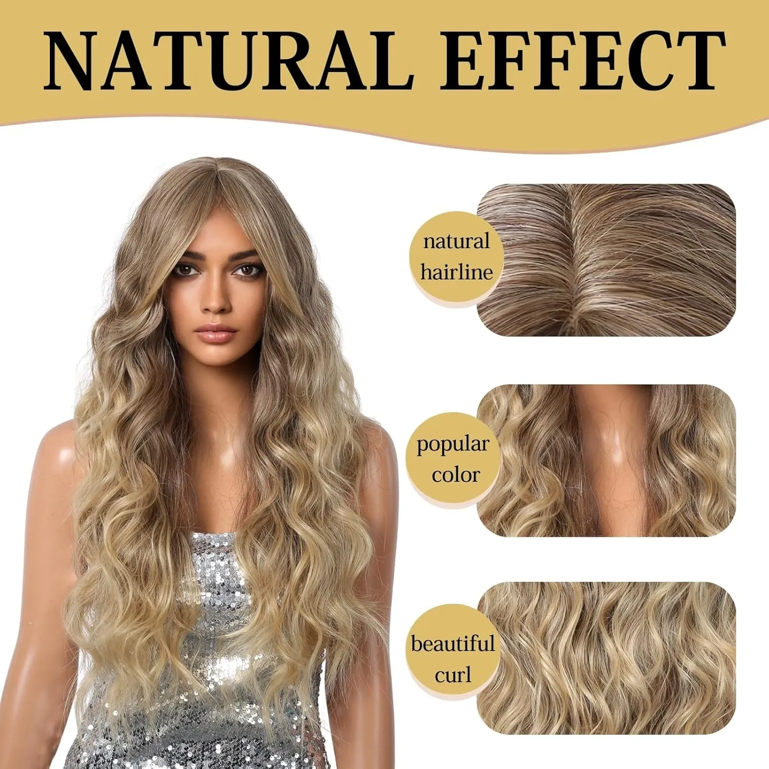 Haoland Ombre Blonde Curly Wig for Women, 26 Inch Long, Synthetic Wavy Wig with Bangs