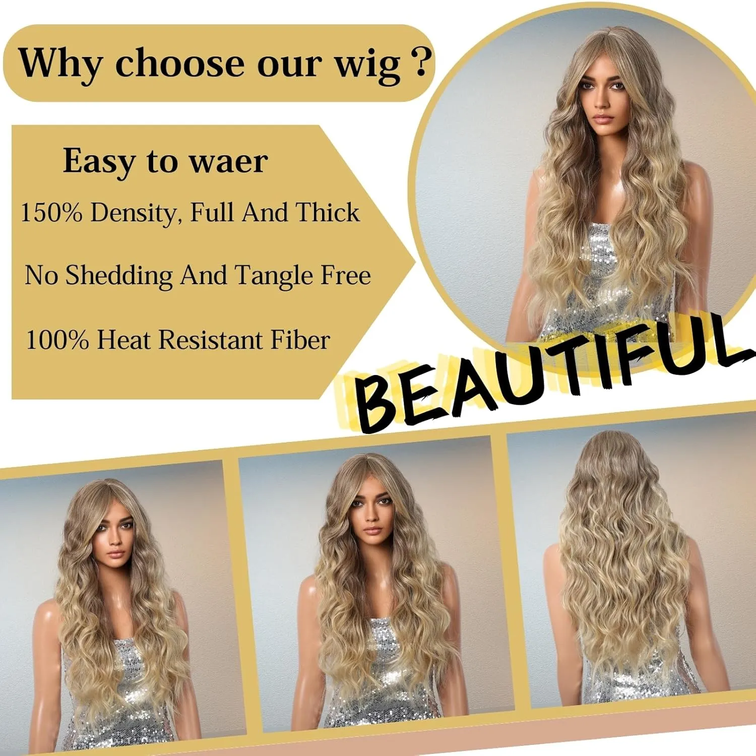 Haoland Ombre Blonde Curly Wig for Women, 26 Inch Long, Synthetic Wavy Wig with Bangs