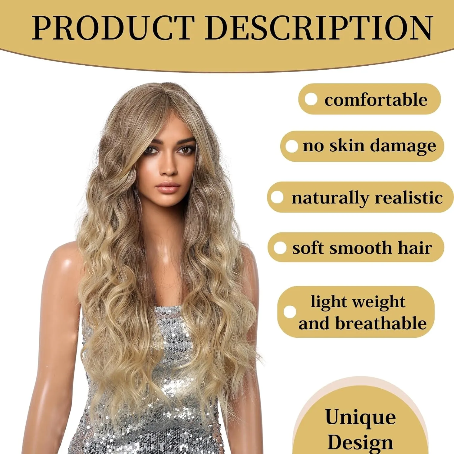 Haoland Ombre Blonde Curly Wig for Women, 26 Inch Long, Synthetic Wavy Wig with Bangs