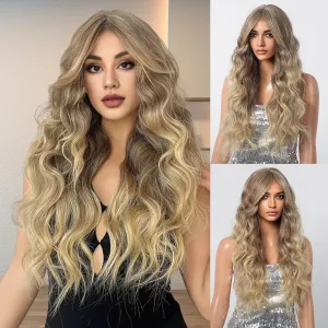 Haoland Ombre Blonde Curly Wig for Women, 26 Inch Long, Synthetic Wavy Wig with Bangs