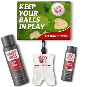 Happy Nuts Tee Bag Bundle for Men – Golf-Themed Grooming & Game Day Essentials - Perfect Men's Gift Kit for Golfers - Sandalwood Body Wash, Anti-Chafing Comfort Powder Deodorant & Golf Ball Tee Bag
