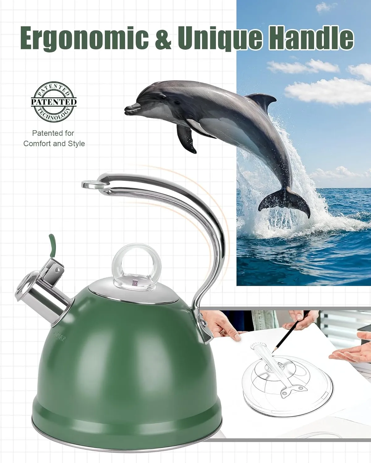 Harriet Tea Kettle for Stove Top, 2.5 Quart Stainless Steel Whistling Tea Pot, 3-Layer Base, Unique Dolphin-Shaped Ergonomic Handle, Includes Pot Holder & Mat, Gas Electric Applicable, Green