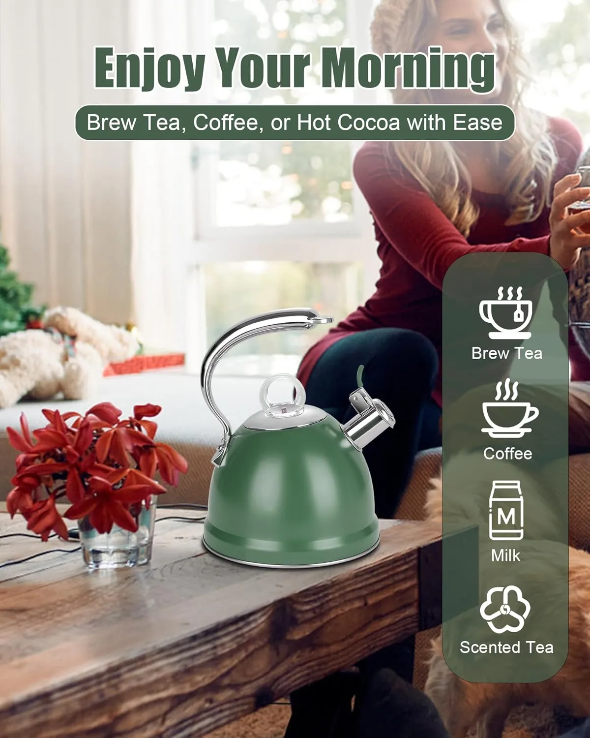 Harriet Tea Kettle for Stove Top, 2.5 Quart Stainless Steel Whistling Tea Pot, 3-Layer Base, Unique Dolphin-Shaped Ergonomic Handle, Includes Pot Holder & Mat, Gas Electric Applicable, Green