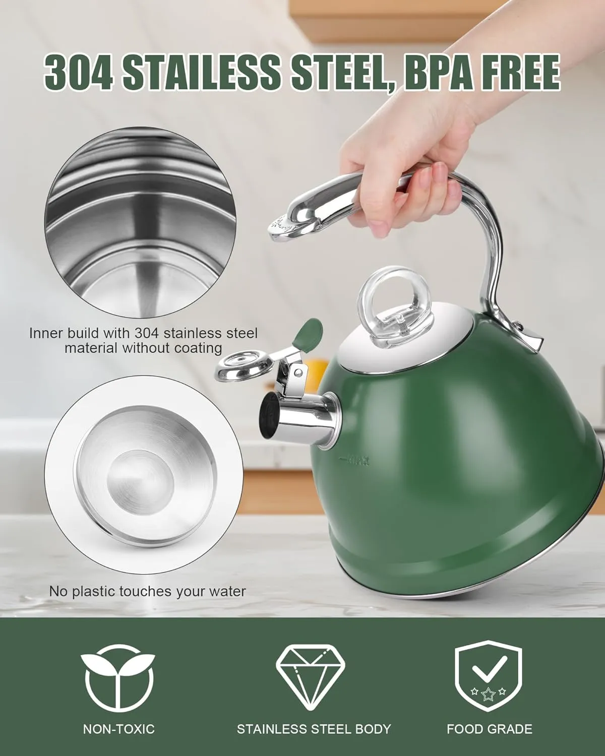 Harriet Tea Kettle for Stove Top, 2.5 Quart Stainless Steel Whistling Tea Pot, 3-Layer Base, Unique Dolphin-Shaped Ergonomic Handle, Includes Pot Holder & Mat, Gas Electric Applicable, Green