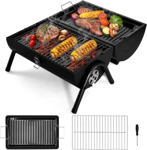 HaSteeL Portable Charcoal Grill, Outdoor Barbecue Folding Mini Smoker, Adjustable Small Tabletop Grill with Roasting Plate & Grill Grate, Two Side Grill for Camping Hiking Beach Garden Backyard Picnic