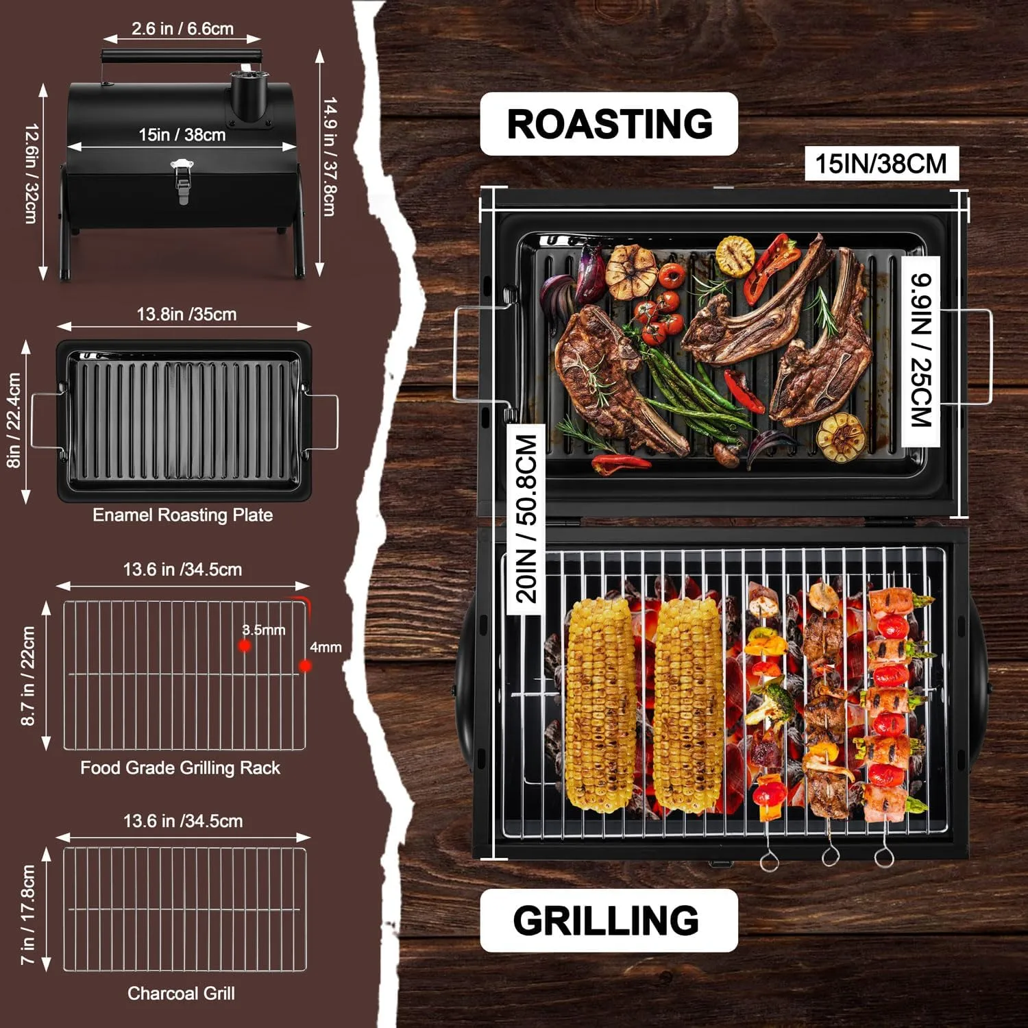 HaSteeL Portable Charcoal Grill, Outdoor Barbecue Folding Mini Smoker, Adjustable Small Tabletop Grill with Roasting Plate & Grill Grate, Two Side Grill for Camping Hiking Beach Garden Backyard Picnic
