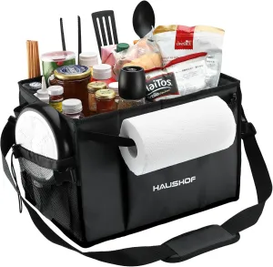 HAUSHOF Large Grill and Picnic Caddy with Paper Towel Holder, Condiment Pocket, Foldable BBQ Organizer Easy Carry Griddle Caddy for Camping, RV, Outdoor Waterproof Oxford Cloth (Black)