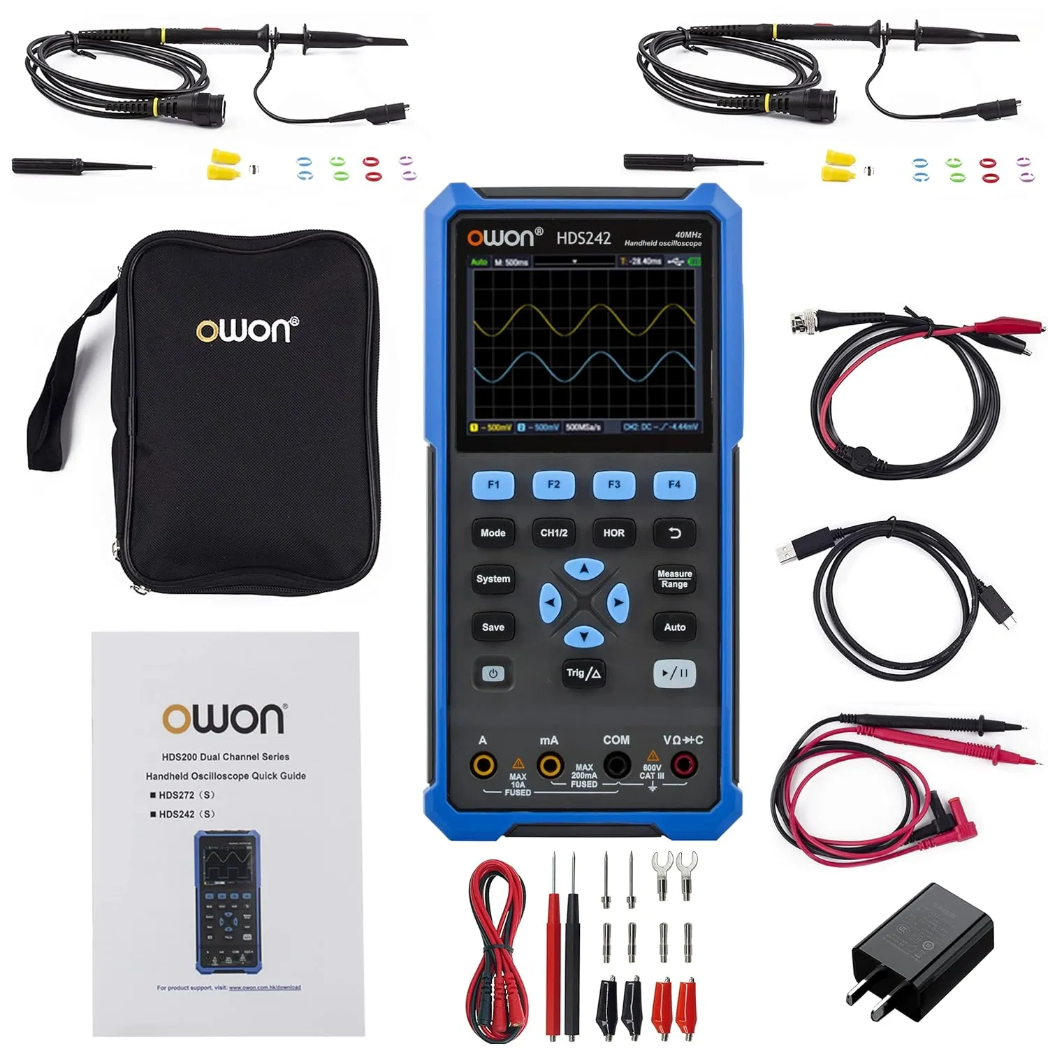 HDS242 Oscilloscope 2 in 1 2CH Digital Handheld Oscilloscope Multiumeter 3.5" LCD 40MHz Bandwidth 20000 Counts Multimeter OSC DMM for Automobile Maintenance,Power Detection