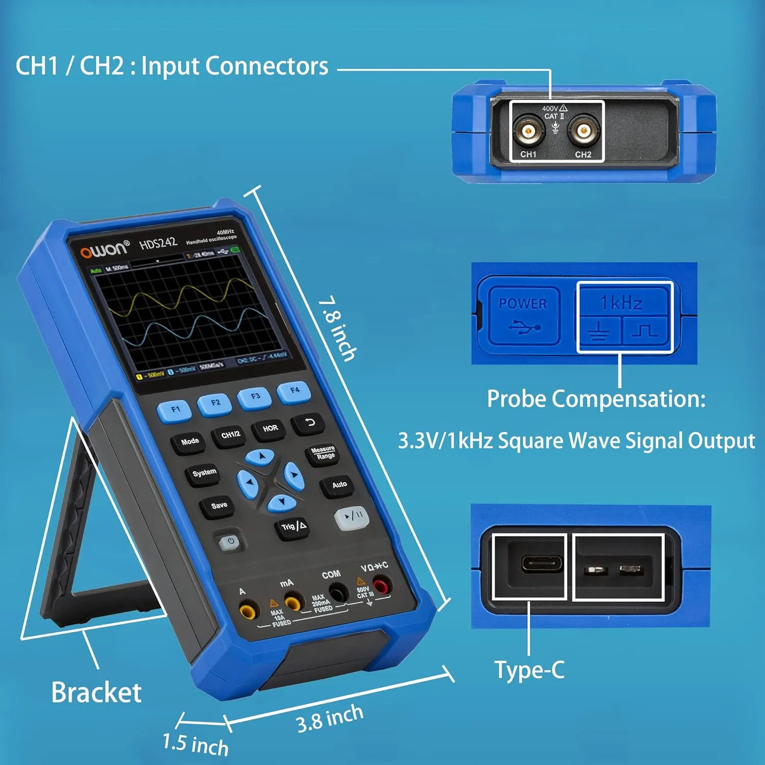 HDS242 Oscilloscope 2 in 1 2CH Digital Handheld Oscilloscope Multiumeter 3.5" LCD 40MHz Bandwidth 20000 Counts Multimeter OSC DMM for Automobile Maintenance,Power Detection