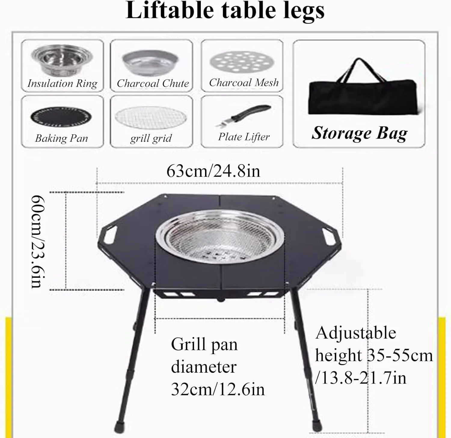 Hexagonal Hearth Camping Table Portable Picnic Table Ultralight Aluminum Camping Table Liftable Table Legs with Carry Bag