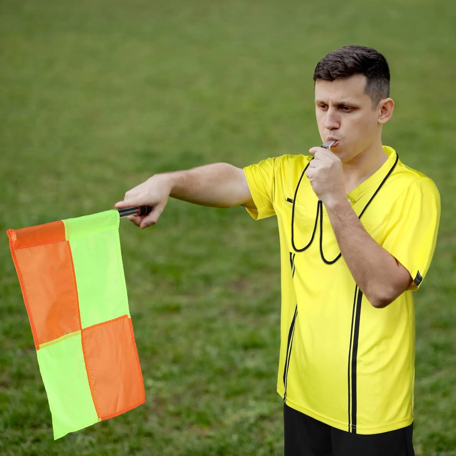 Hicarer 6 Pcs Soccer Referee Kit Football Package for Men Soccer Referee Costume Shirt Linesman Flags Whistle Cards Sport Accessory for Adult Teenager