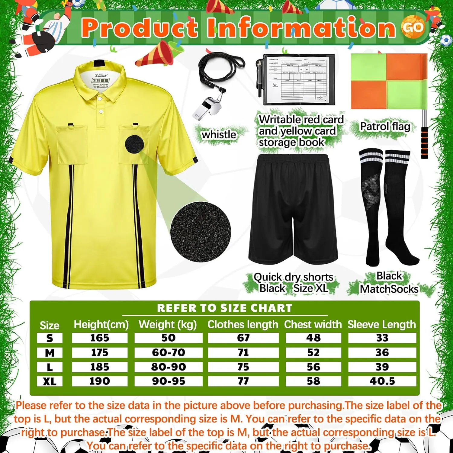 Hicarer 6 Pcs Soccer Referee Kit Football Package for Men Soccer Referee Costume Shirt Linesman Flags Whistle Cards Sport Accessory for Adult Teenager