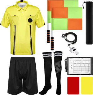 Hicarer 6 Pcs Soccer Referee Kit Football Package for Men Soccer Referee Costume Shirt Linesman Flags Whistle Cards Sport Accessory for Adult Teenager