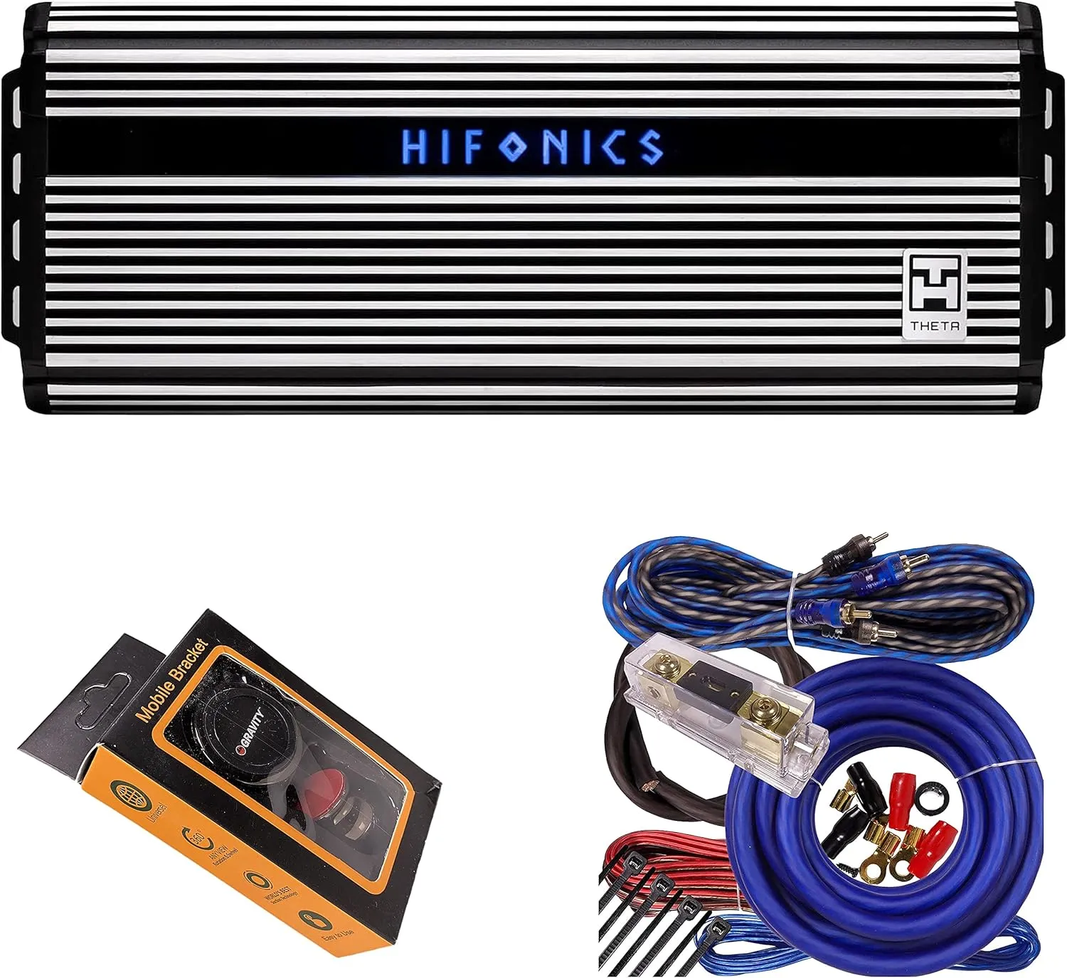 Hifonics ZTH-3225.1D Zeus Theta Compact Mono Channel Car Audio Amplifier (Silver) – Class D Amp, 3200-Watt Bass Remote Included with Gravity Phone Holder and 4 Gauge Amp Kit Blue Bundle