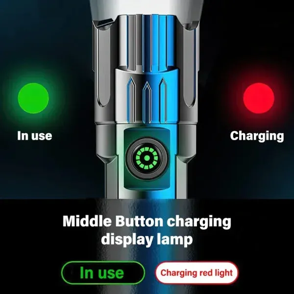 High Power 2000LM LED Tactical Flashlight – USB Rechargeable Zoom Torch with Display for Camping, Fishing & Emergency