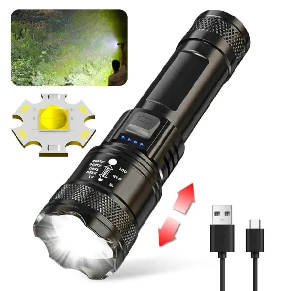 High Power 2000LM LED Tactical Flashlight – USB Rechargeable Zoom Torch with Display for Camping, Fishing & Emergency