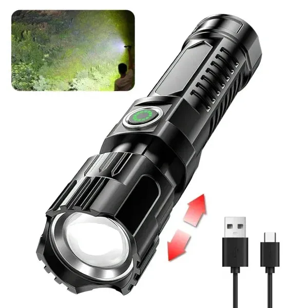 High Power 2000LM LED Tactical Flashlight – USB Rechargeable Zoom Torch with Display for Camping, Fishing & Emergency