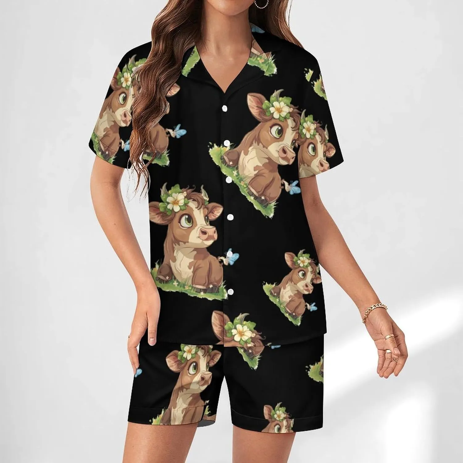 Highland Cow Print Women's Satin Pajama Set Short Sleeve Button Down Sleepwear Loungewear Pj Set