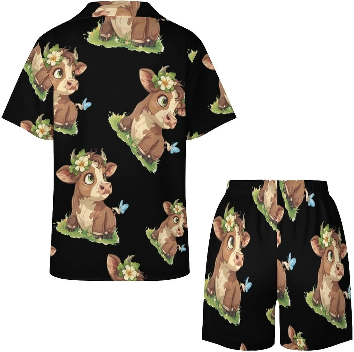 Highland Cow Print Women's Satin Pajama Set Short Sleeve Button Down Sleepwear Loungewear Pj Set
