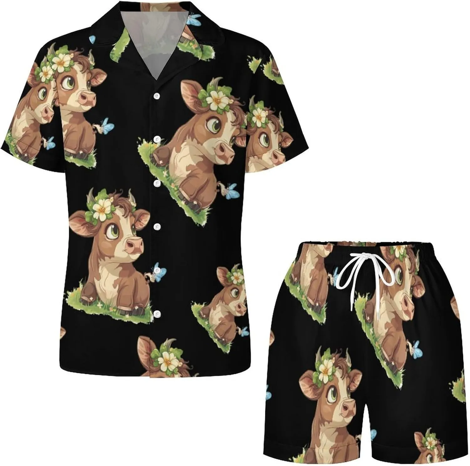Highland Cow Print Women's Satin Pajama Set Short Sleeve Button Down Sleepwear Loungewear Pj Set