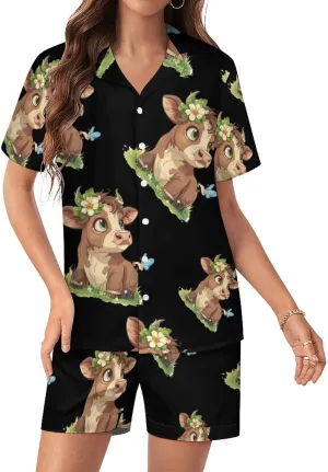 Highland Cow Print Women's Satin Pajama Set Short Sleeve Button Down Sleepwear Loungewear Pj Set