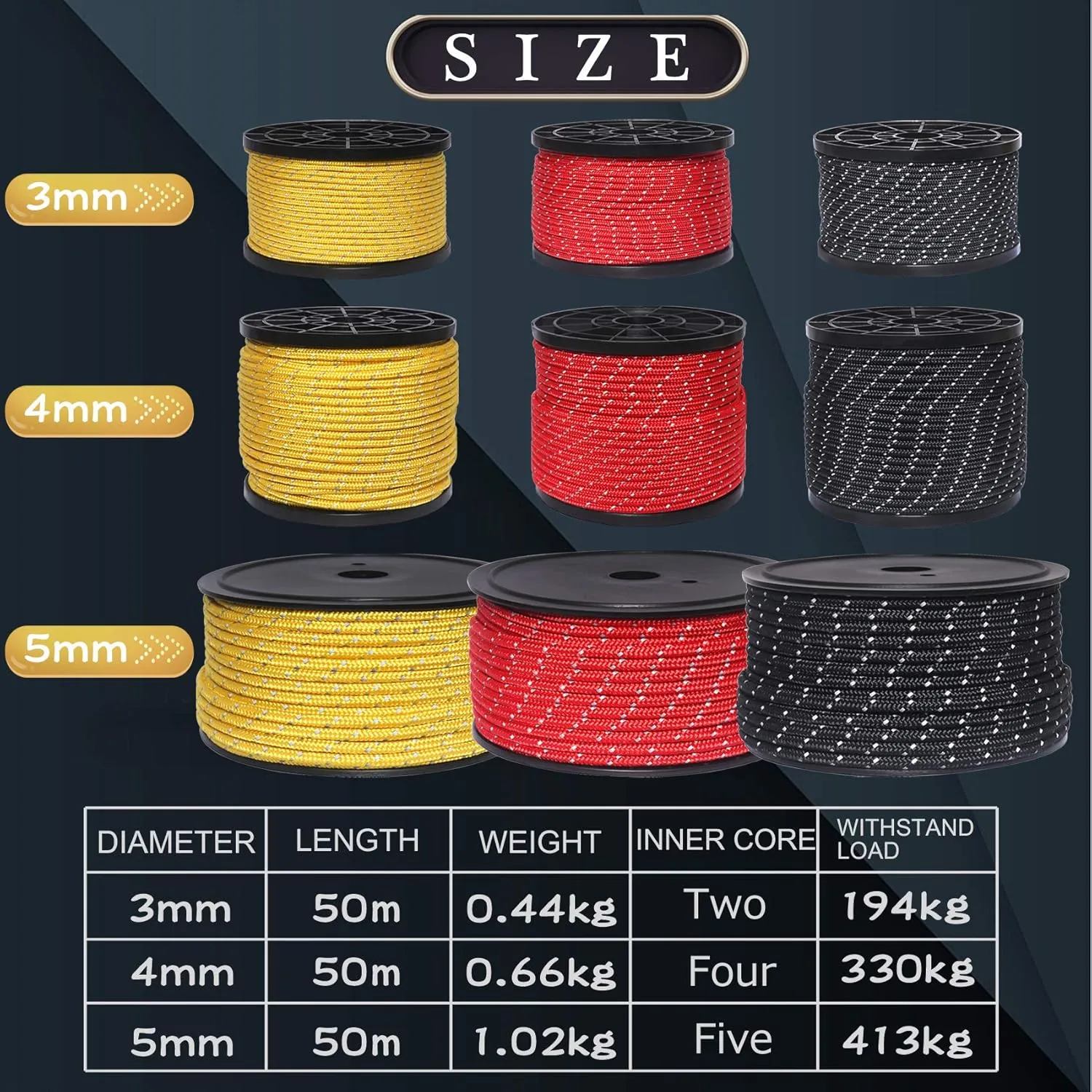 HIKEMAN 50m Reflective Guyline Solid Braid Nylon Camping Rope with Aluminum Adjuster Cord Tensioner Tent Accessory for Outdoor Travel,Hiking,Backpacking and Water Activities (Red, 4mm)