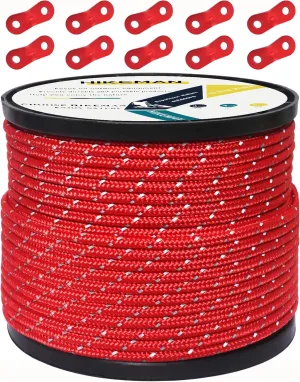 HIKEMAN 50m Reflective Guyline Solid Braid Nylon Camping Rope with Aluminum Adjuster Cord Tensioner Tent Accessory for Outdoor Travel,Hiking,Backpacking and Water Activities (Red, 4mm)