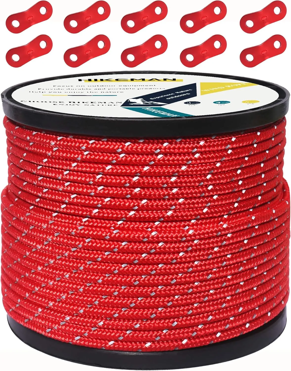 HIKEMAN 50m Reflective Guyline Solid Braid Nylon Camping Rope with Aluminum Adjuster Cord Tensioner Tent Accessory for Outdoor Travel,Hiking,Backpacking and Water Activities (Red, 4mm)