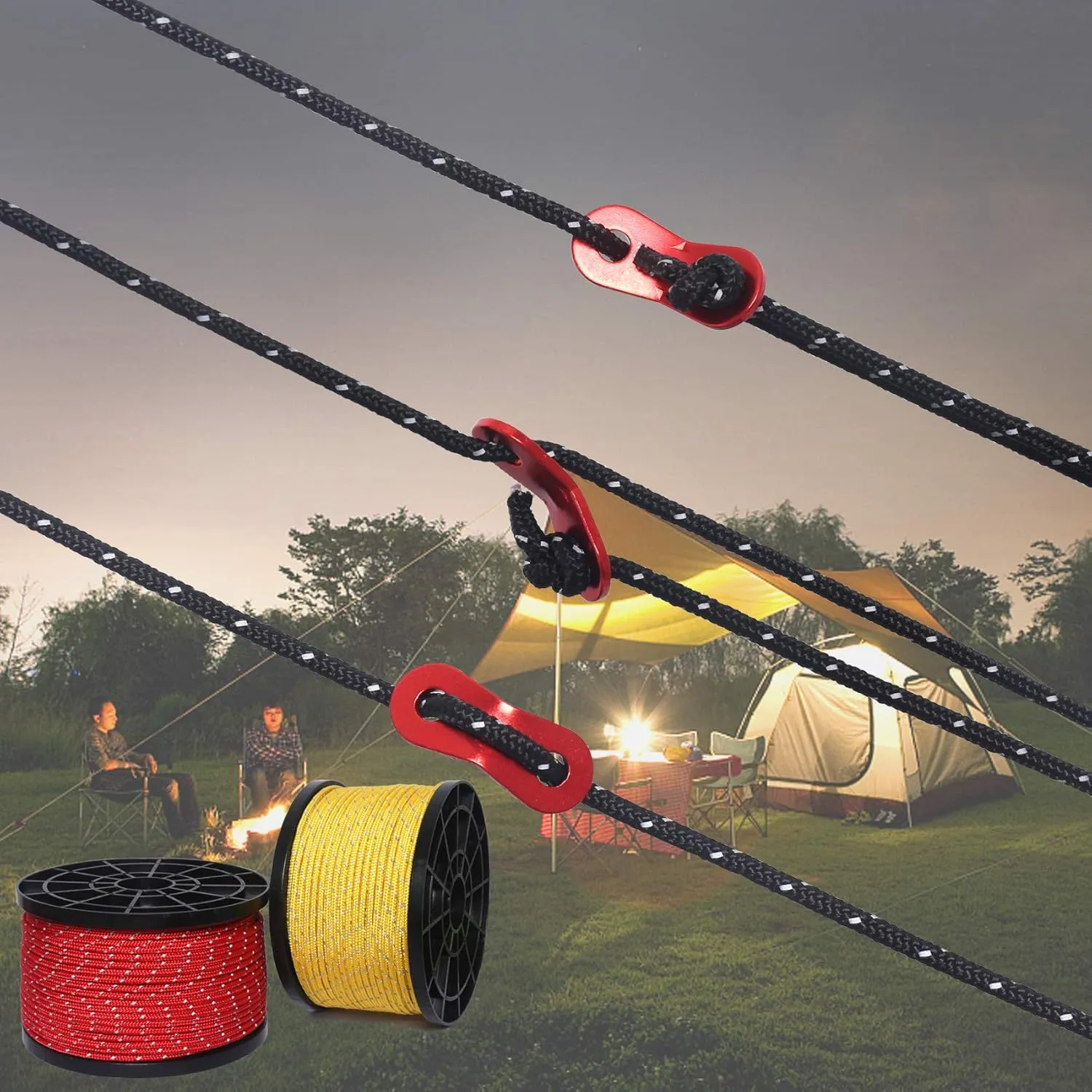 HIKEMAN 50m Reflective Guyline Solid Braid Nylon Camping Rope with Aluminum Adjuster Cord Tensioner Tent Accessory for Outdoor Travel,Hiking,Backpacking and Water Activities (Red, 4mm)