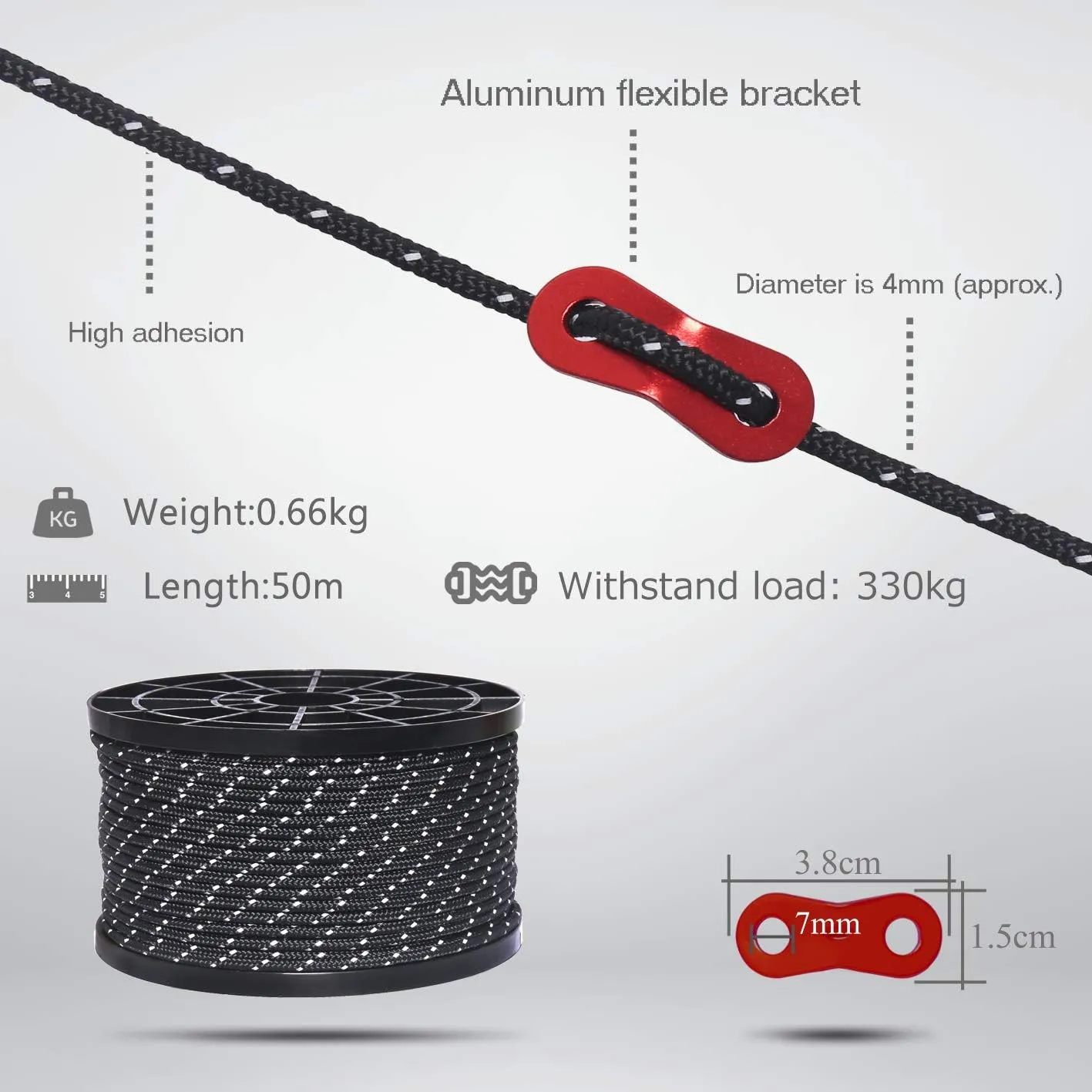 HIKEMAN 50m Reflective Guyline Solid Braid Nylon Camping Rope with Aluminum Adjuster Cord Tensioner Tent Accessory for Outdoor Travel,Hiking,Backpacking and Water Activities (Red, 4mm)