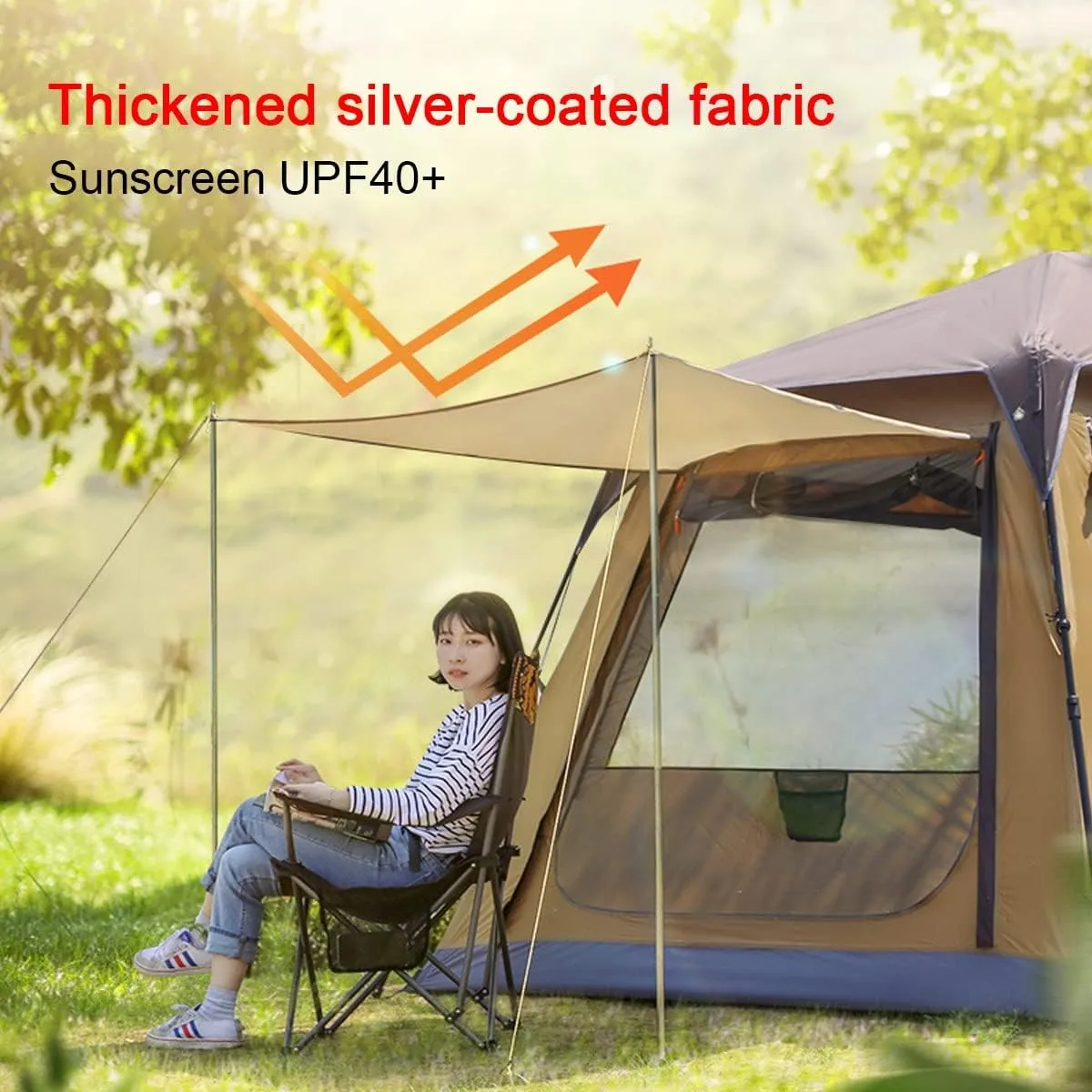 Holiday Tent Camping Tent for Adult Kids 4 Person Family Tent Waterproof, Garden Tent with Hall, Sun Shade, Sun Protection,10 Ground Pegs,6 Rope,2 Poles, Green