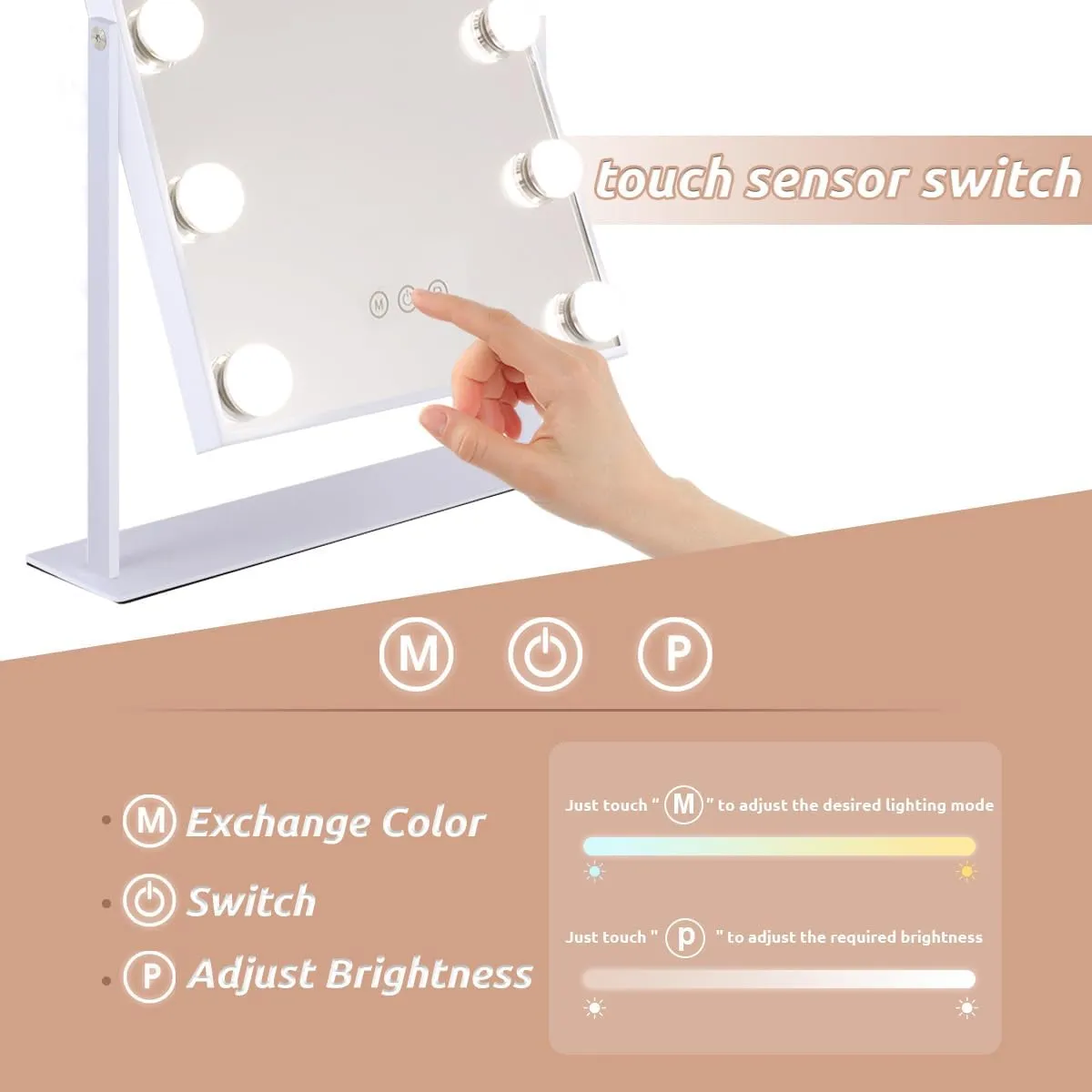 Hollywood Vanity Mirror with Lights, Lighted Makeup Mirror with 3 Color Lighting Modes & 12 LED Blubs, 360 Degree Rotationand 5X Detachable Magnification(White)