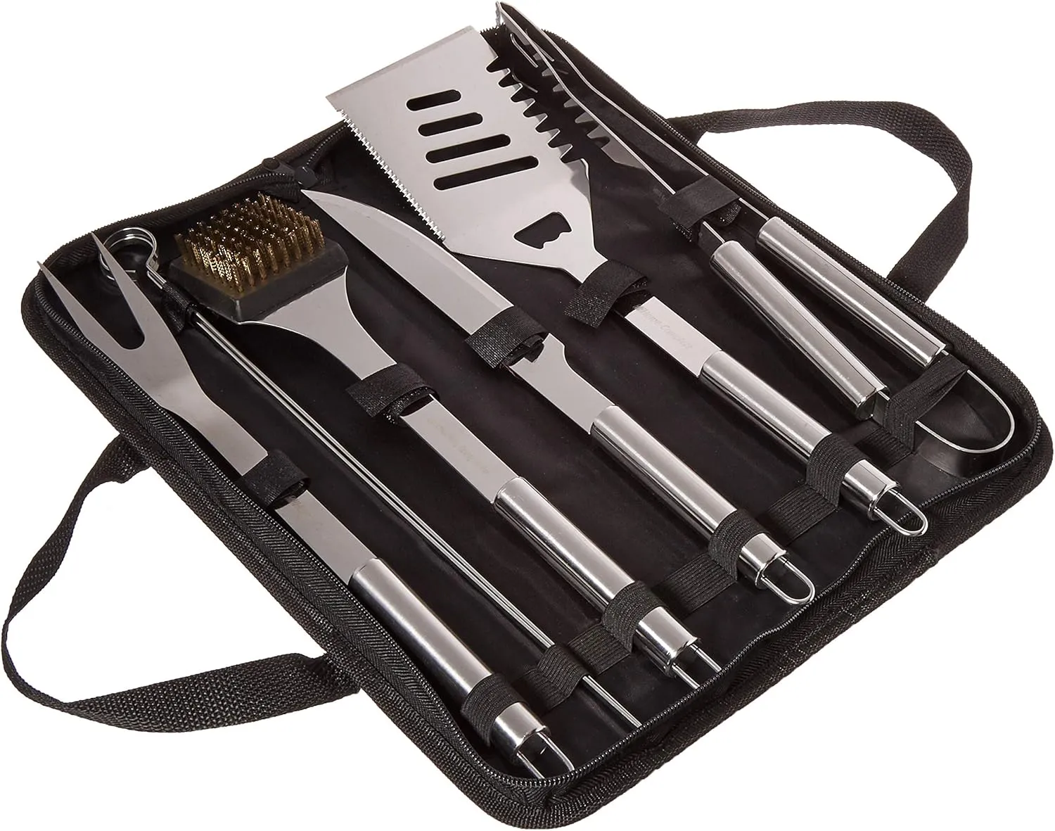 Home-Complete HC-1004 7 Grill Tool Kit-Stainless Steel BBQ Accessories Kitchen Set with Spatula, Tongs, Fork, Knife, Brush, Skewers, and Case, 8-Piece Travel, Silver
