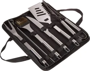 Home-Complete HC-1004 7 Grill Tool Kit-Stainless Steel BBQ Accessories Kitchen Set with Spatula, Tongs, Fork, Knife, Brush, Skewers, and Case, 8-Piece Travel, Silver