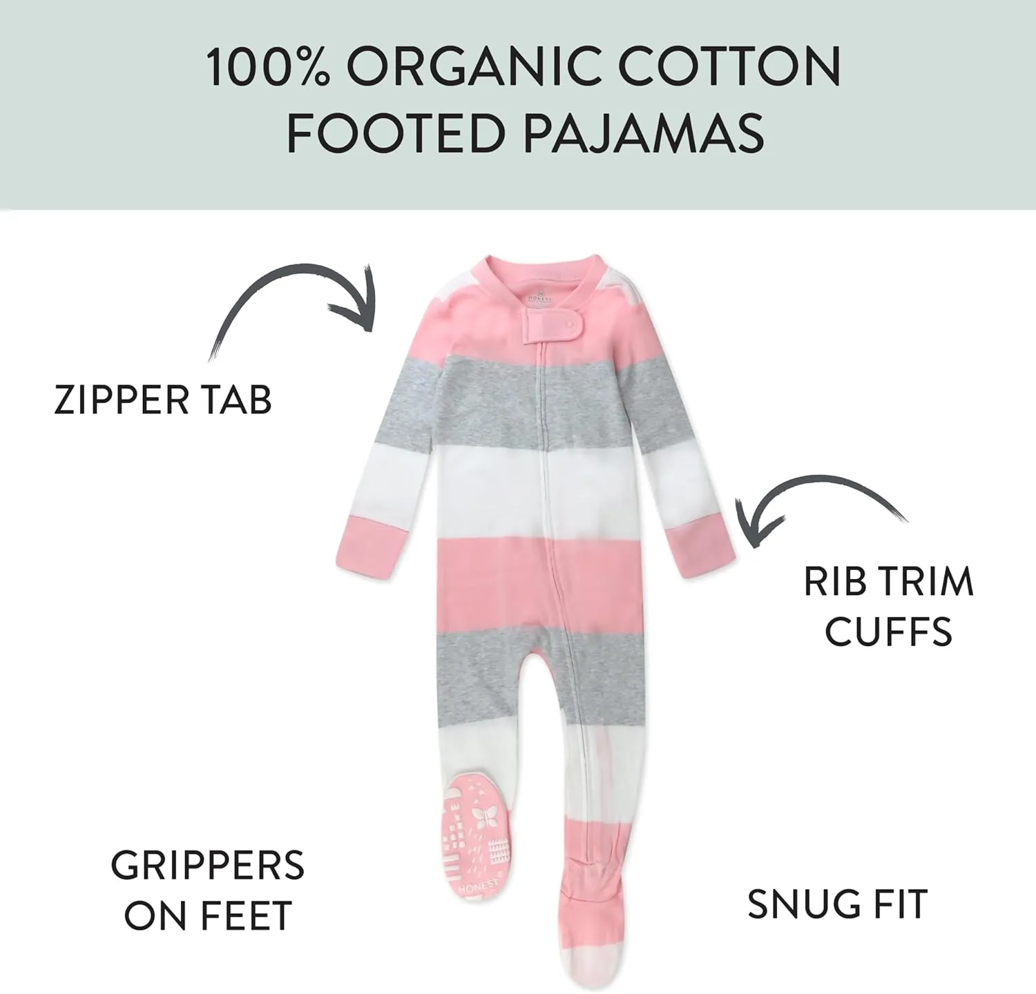 HonestBaby Baby Girls' 100% Organic Cotton Non-Slip Footed One-Piece Zip-Front Pajamas