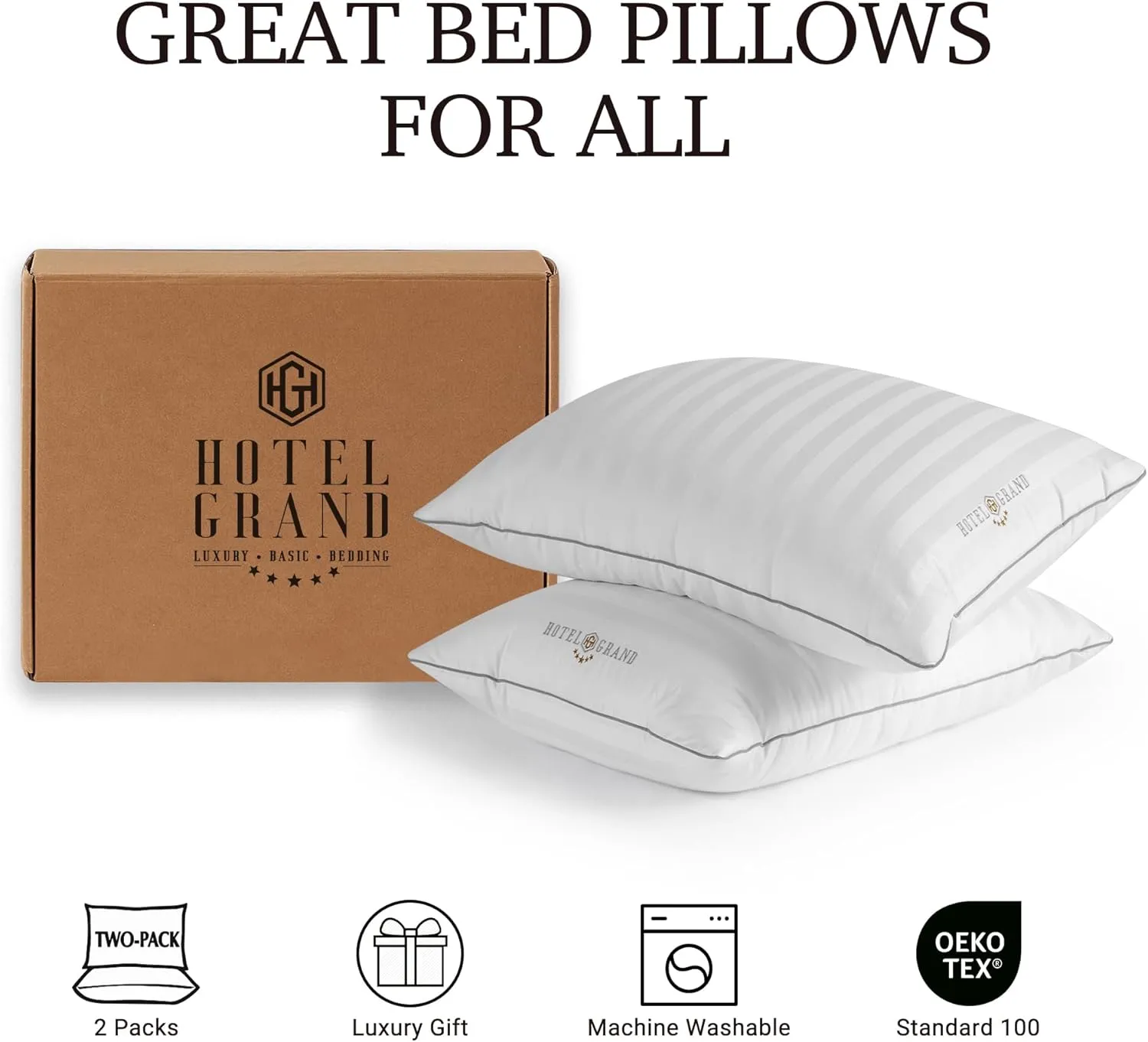 Hotel Grand White Feather Down Pillows Queen Size Set of 2 Packs Bed Pillows Medium Firm Hypoallergenic 100% Cotton Breathable Hotel Collection Back/Side Sleeping Pillows,28"x20"/2 Packs