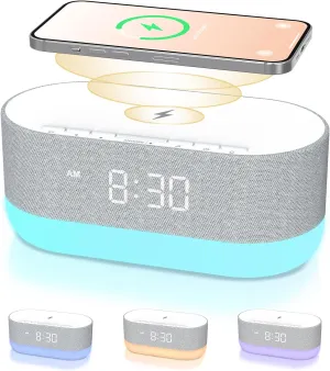 HOUSBAY 3 in 1 Sound Machine Alarm Clock& Wireless Charger: Soothing White Noise, Bluetooth Music Relaxation & Customized Sleep-Wake Routine